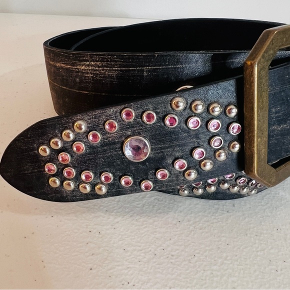 Leather Pink Clear Studded Dark Gray Ladies Fashion Belt Brass Buckle Size M/36" - Picture 5 of 9